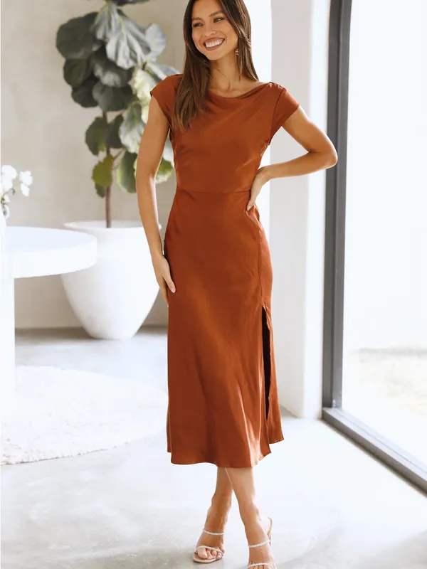 Hello Molly GET IN FORMATION SATIN MIDI DRESS BROWN us 4 - Image 2