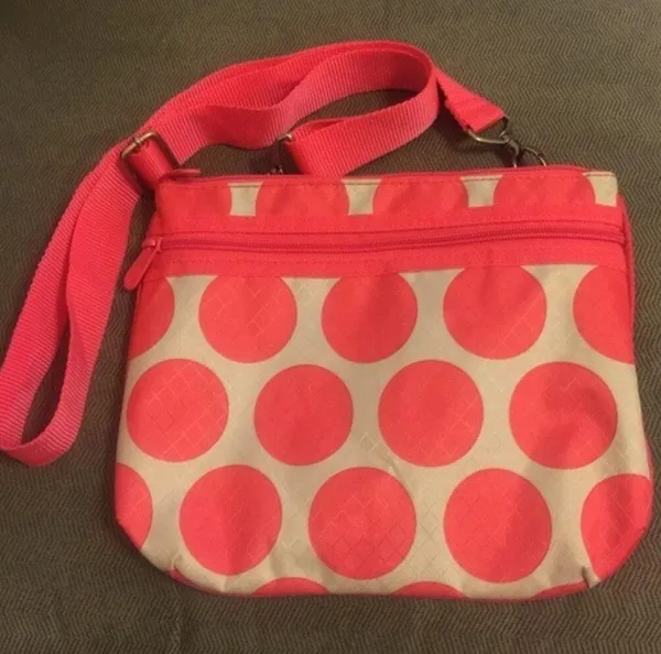 Thirty One EUC Pink Coral Mod Dot Adjustable Strap Nylon Crossbody Bag - Image 2