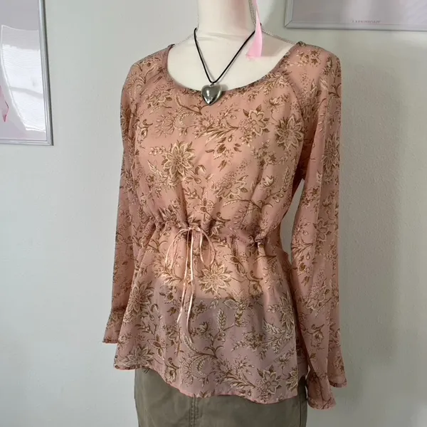 Vintage Y2K George Pink Floral‎ Sheer Mesh Milkmaid Tie Front Top Womens Large - Image 2