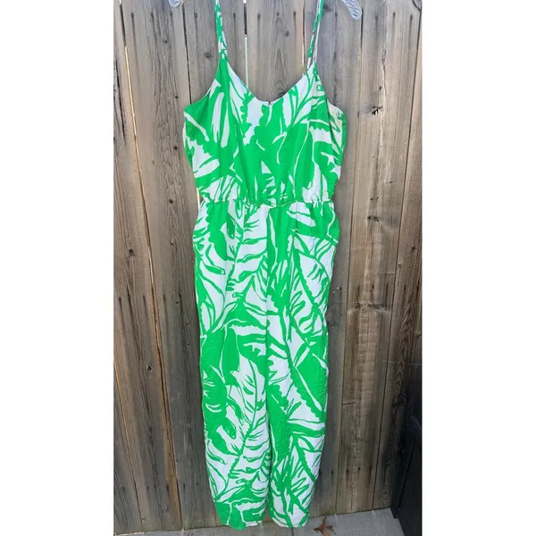 Lilly Pulitzer 20th Anniversary Green and White Tropical Print Satin Jumpsuit Lg - Image 2