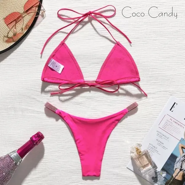 🆕Luxury Crystal Diamond Rhinestone Pink Bikini Set - Image 7