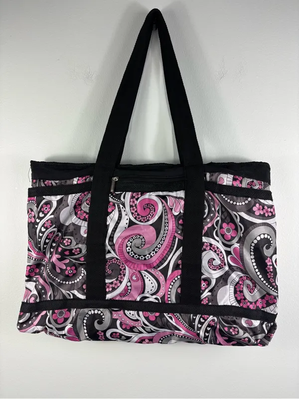 Braciano Packable Utility Tote Waterproof Beach Bag Pink Black Paisley Print - Image 2