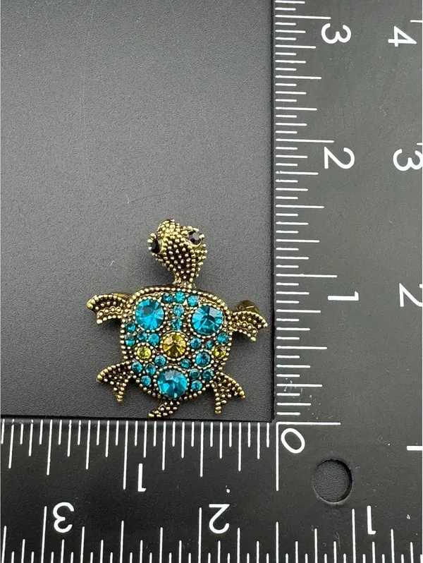 Gold Tone Turtle Brooch with Blue and Green Rhinestones - Image 4