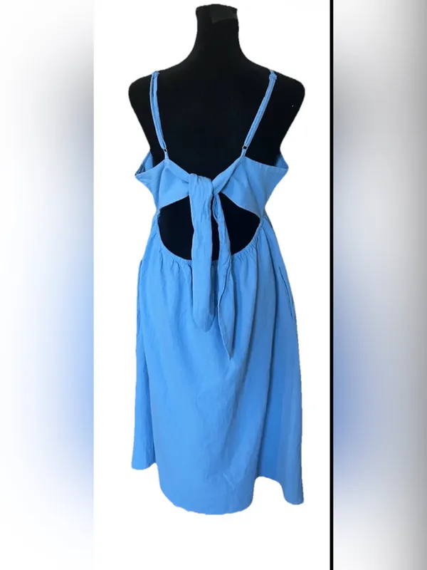 Universal Thread Women's Blue Chambray Cotton V-Neck Open Back Tie Midi Dress L - Image 9