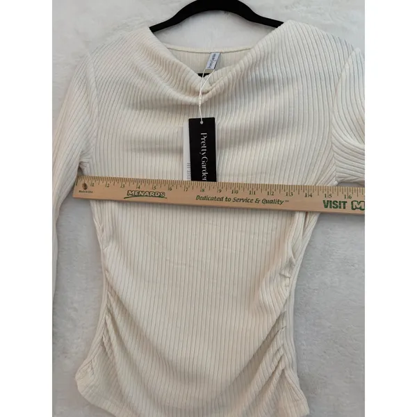PrettyGarden Ribbed Cowl Neck Top Women Small Cream Long Sleeve Ruched Side NWT - Image 7