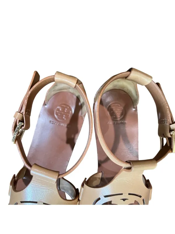 Tory Burch Zoey 10MM Sandals Women 8.5 Sand Tan Leather Cutout Ankle Strap Used - Image 12