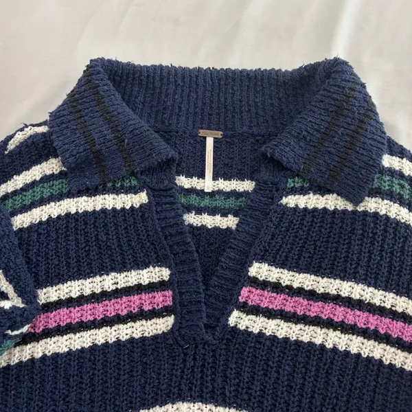 Free People Navy Blue Striped Chunky Knit Polo V-Neck Sweater Large - Image 7