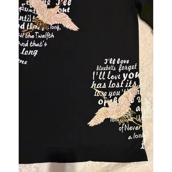 Comaekar Black Graphic‎ T-Shirt Dress Sequin Crane Bird Script Long Sleeve Mini - Image 13