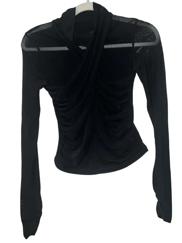 Commense Black Mesh Ruched Cross-Halter Long Sleeve Top NWT Size Small - Image 2