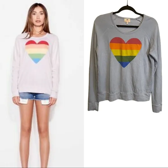 Sundry Baby Blue French Terry Rainbow Heart Crew Neck Sweatshirt NEW WITHOUT TAG - Image 2