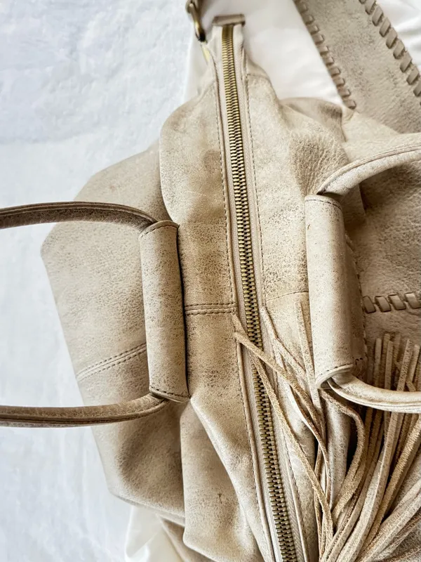 HOBO Cream Leather Tote with Whipstitch Strap and Tassel - Image 12