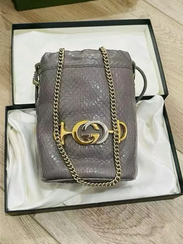 Gucci Zumi Python Snakeskin Mini Bucket Bag Dusty Grey $2850 New in Box - Image 2