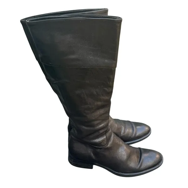 Black Leather Tall Wide Calf Riding Boots Low Block Heel Size 7.5 38.5 W3458 - Image 3