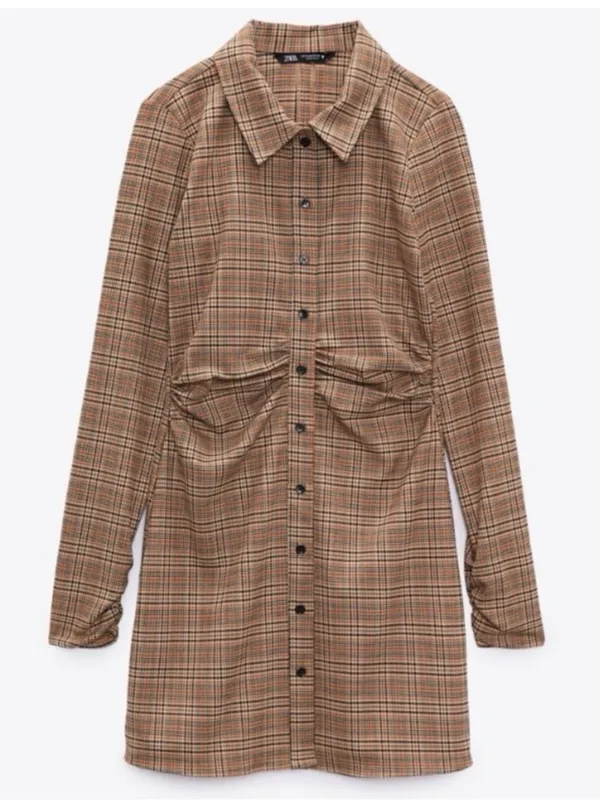 Zara Brown Plaid Check Mini Shirt Dress Womens Small Ruched Front Long Sleeve - Image 2