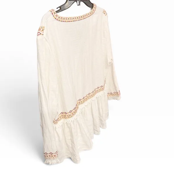 Topshop Ivory Embroidered Boho Peasant Blouse Babydoll Fringe Top US 12 - Image 3