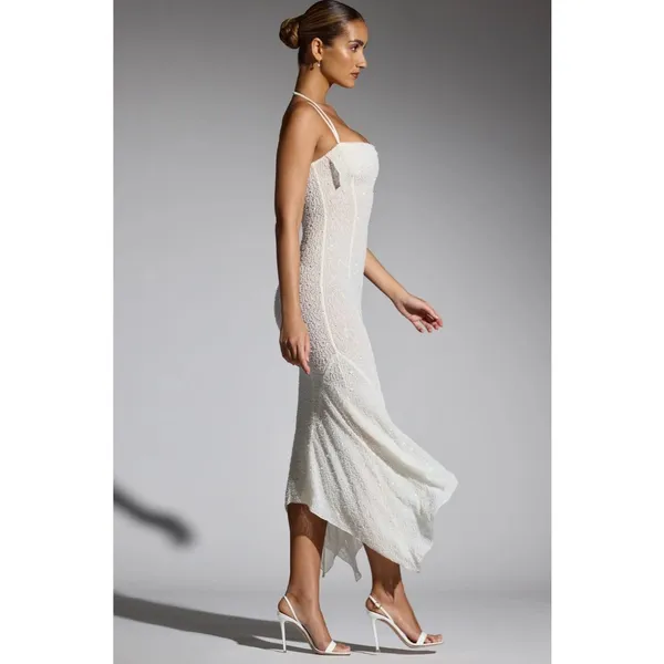 Oh Polly Dole Embellished Asymmetric Maxi Dress in White Size 6 New - Image 3