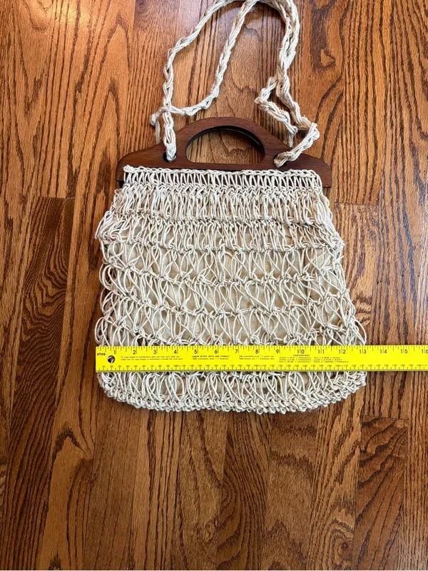 Vintage Simon New York Macrame Bag Wood Handle Italy 60s 70s Boho - Image 4