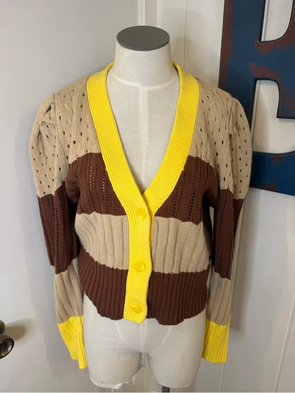 Calligraphie V-Neck Striped Knit Cardigan brown stripes with Yellow Trim Sz L - Image 2
