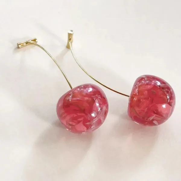 Pink and Gold Cherry Drop Earrings - Image 2