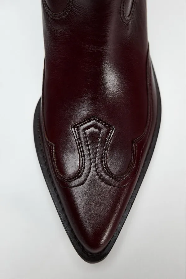 Zara burgundy leather western boots cowboy cowgirl boho ankle shoes - Image 2