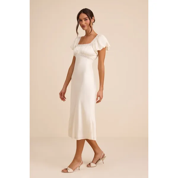 Lulus Catherine Ivory Satin Puff Sleeve Slip Midi Dress Romantic Cocktail L NWT - Image 4