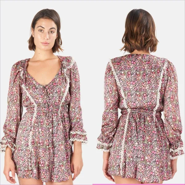 For Love & Lemon Grace Mini Dress Size Small Floral Lined Boho Prairie Feminine - Image 3