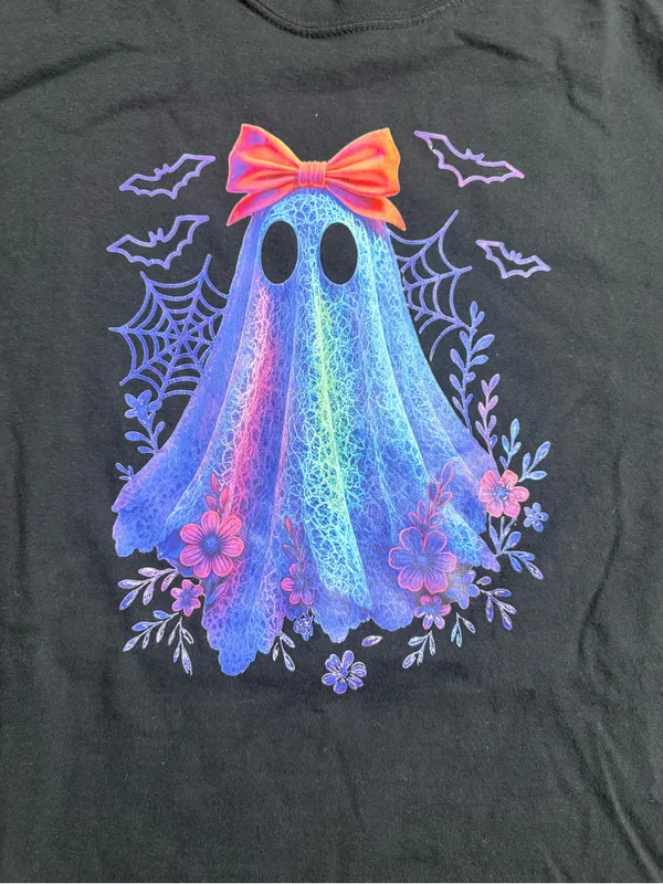 Comfort Colors Black Tee with Neon Ghost and Bow - Image 4