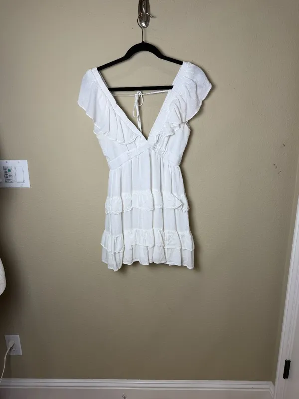 Nordstrom BP White Ruffle Tiered Deep V Neck Mini Dress Size XS - Image 2