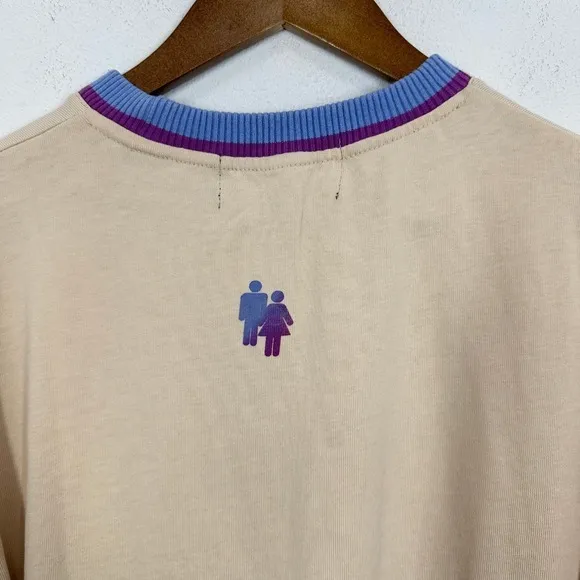 HOMME FEMME Small Beige Logo T-Shirt Ribbed‎ Collar Retro Streetwear Knit Tee - Image 7