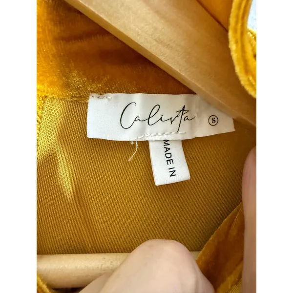 Calista Mustard Yellow Velvet Babydoll Mini Dress Ruffle Neck Puff Sleeve S - Image 5