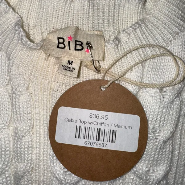 NWT Bibi Cream Cable Knit Top with Layered Chiffon Edges size medium White - Image 4