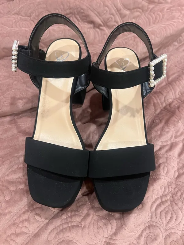 Windsor Black Platform Block Heel Sandals with Pearl Buckle - Image 2