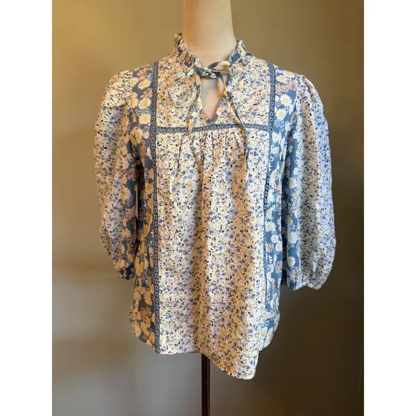 Solitaire Blue Floral Patchwork Ruffle Puff Top shirt blouse crochet boho cottag - Image 2