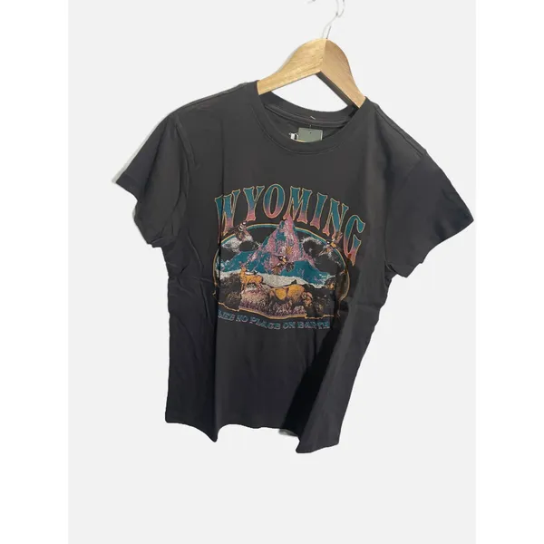 Doe Wyoming Graphic Tee Shirt Charcoal Gray Mountain Bison Eagle Women Small NEW - Image 2