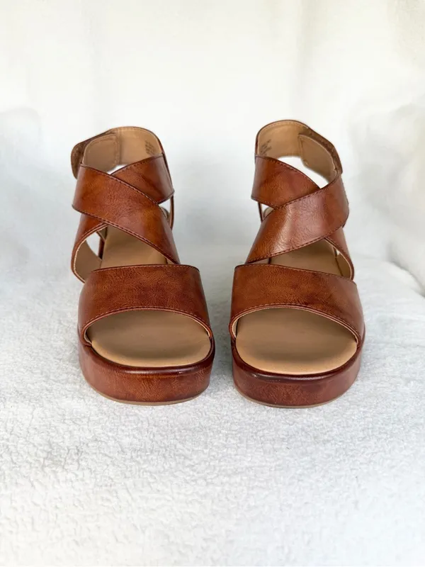 b.o.c. Women's Brown Leather Wedge Sandals - Comfortable Strappy Platform 7 - Image 4