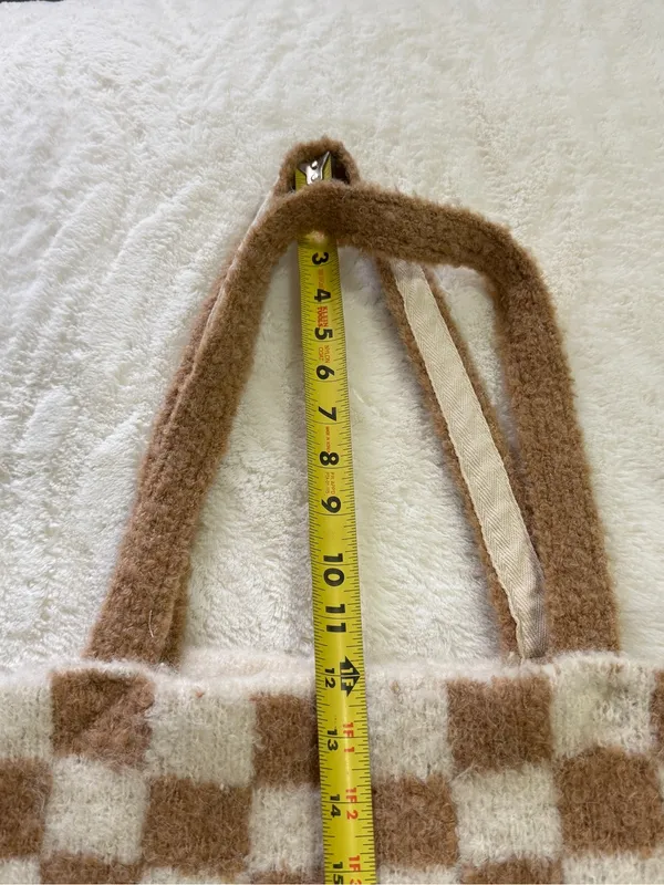 Free People Cozy Checkered Knit Tote Bag | Soft Fuzzy Neutral Bookbag Market - Image 6