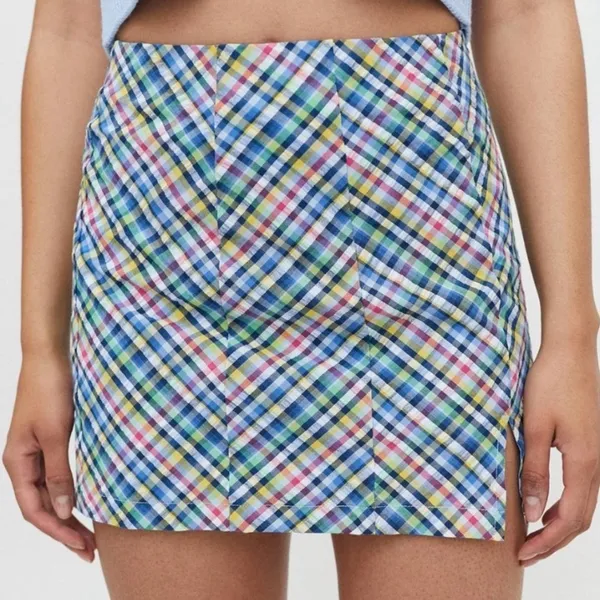 URBAN OUTFITTERS LANDON SEAMED BLUE CHECKERED PLAID COTTON Preppy Skirt M - Image 3