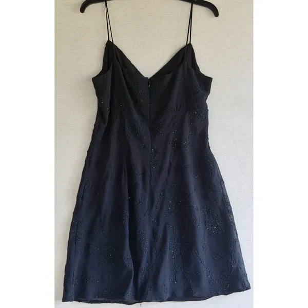 JSC Vintage 90s Black Beaded Floral Mini Dress Spaghetti Strap Size 14 Wrap Neck - Image 9