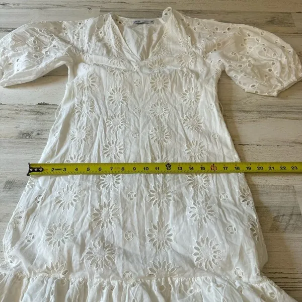 Zara Eyelet Cotton Midi Dress Puff Sleeve Belted Floral Ruffle Tiered Medium - Image 16