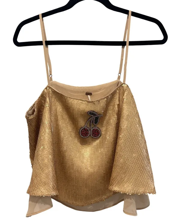 Free People NWOT Fruit Punch Sequin Beaded Cherry Appliqué Boho Boxy Crop Top - Image 3