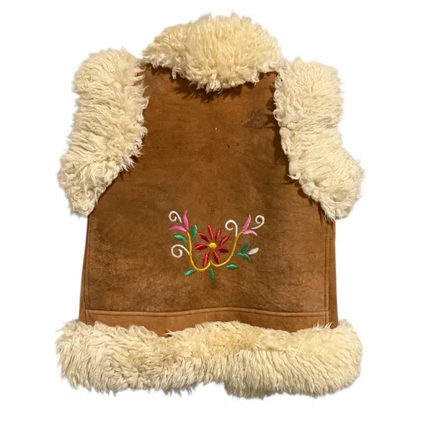 Handmade Vintage Mongolian‎ Fur Boho Suede Floral Embroidered Vest - Image 2