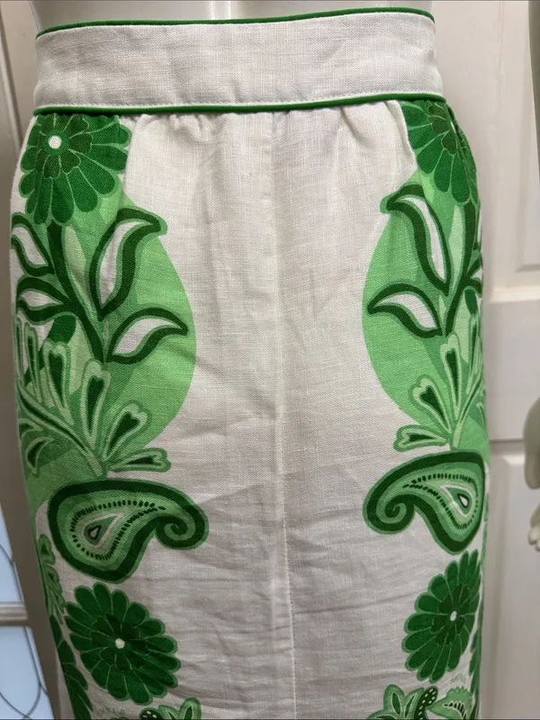 FARM RIO Women’s Midi Skirt White Green Floral Festival Linen Size Large - Image 8