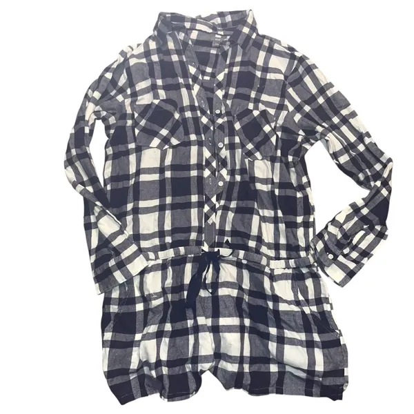 Aerie Women's White Blue Flannel Plaid Long Sleeve Drawstring Romper - Image 3