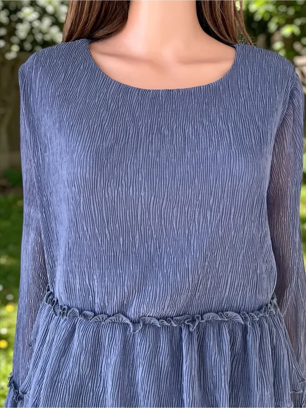 Lulus NWT Dusty Blue Tiered Chiffon Mini Dress Sheer Bell Sleeve M - Image 2