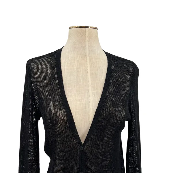 Eileen Fisher Linen‎ Blend Sheer Knit V Neck Cardigan Sweater Black Size XS - Image 2