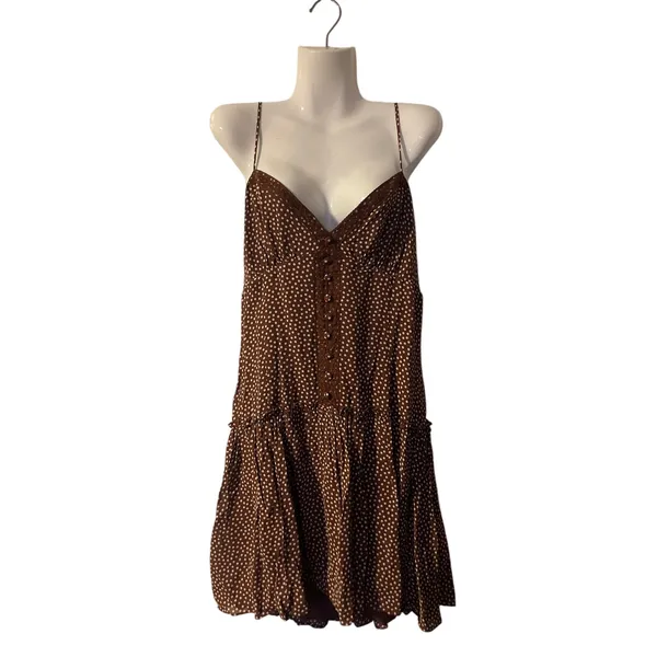 Reformation Citrus Brown Polka Dot Lace Trim Minidress 12 NWT Smoked Back Flirty - Image 2