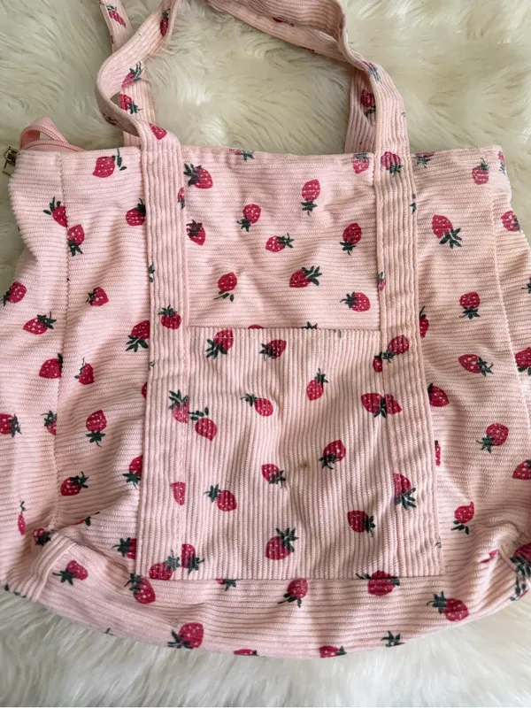 SHEIN Pink Strawberry Corduroy Tote Bag - Image 2