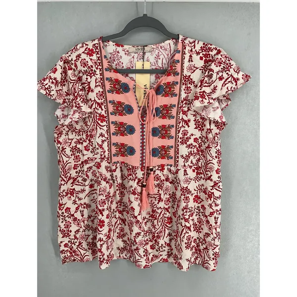 Vivilli Womens Blouse Floral Boho Tassel Tie Flutter Sleeve White Red Large - Image 2