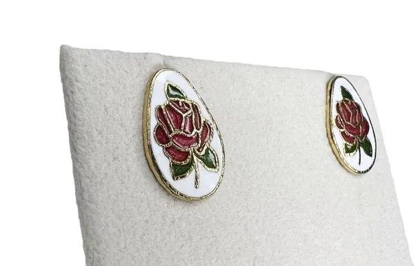 Vintage Red Rose Cloisonné Enamel Egg Shaped Pierced Earrings - Image 3