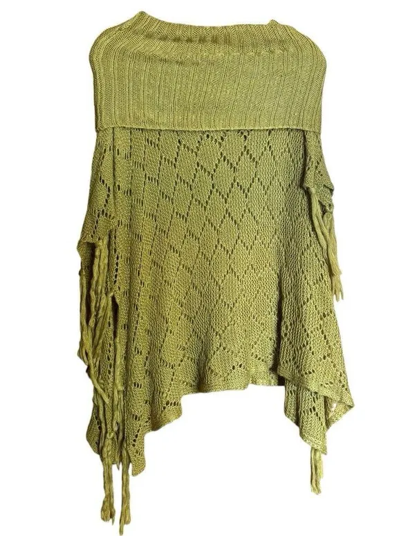 Ali Miles Off The Shoulder Sweater Women Large Green Chunky Fringe Boho Pullover - Image 6